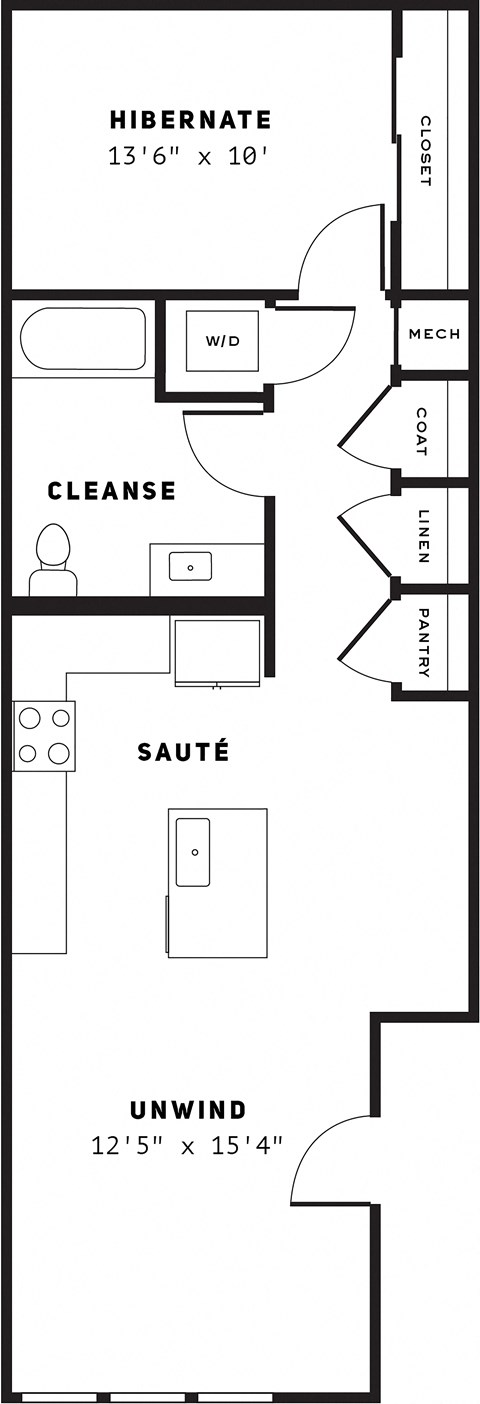 Floor plan for 1 bed, 1 bath, 804 sqft